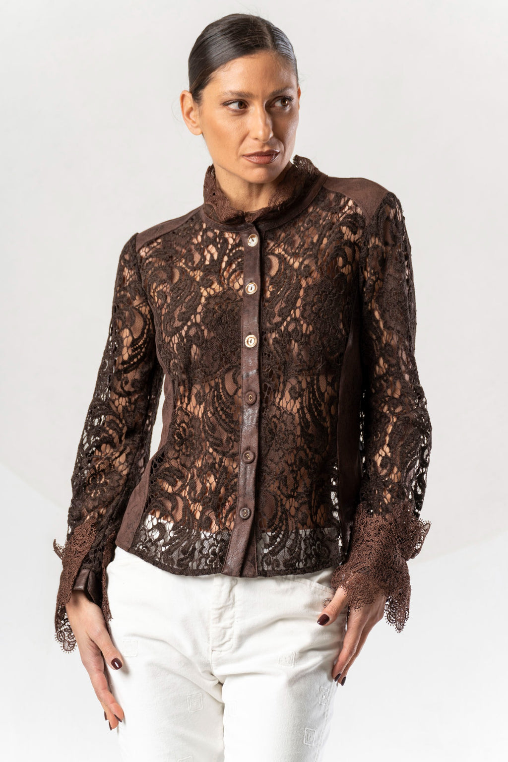 Discover the Elisa Cavaletti ELW261022604 Brown Blouse at Dotique. A premium Italian designer blouse with beautiful detailing in rich chocolate brown.