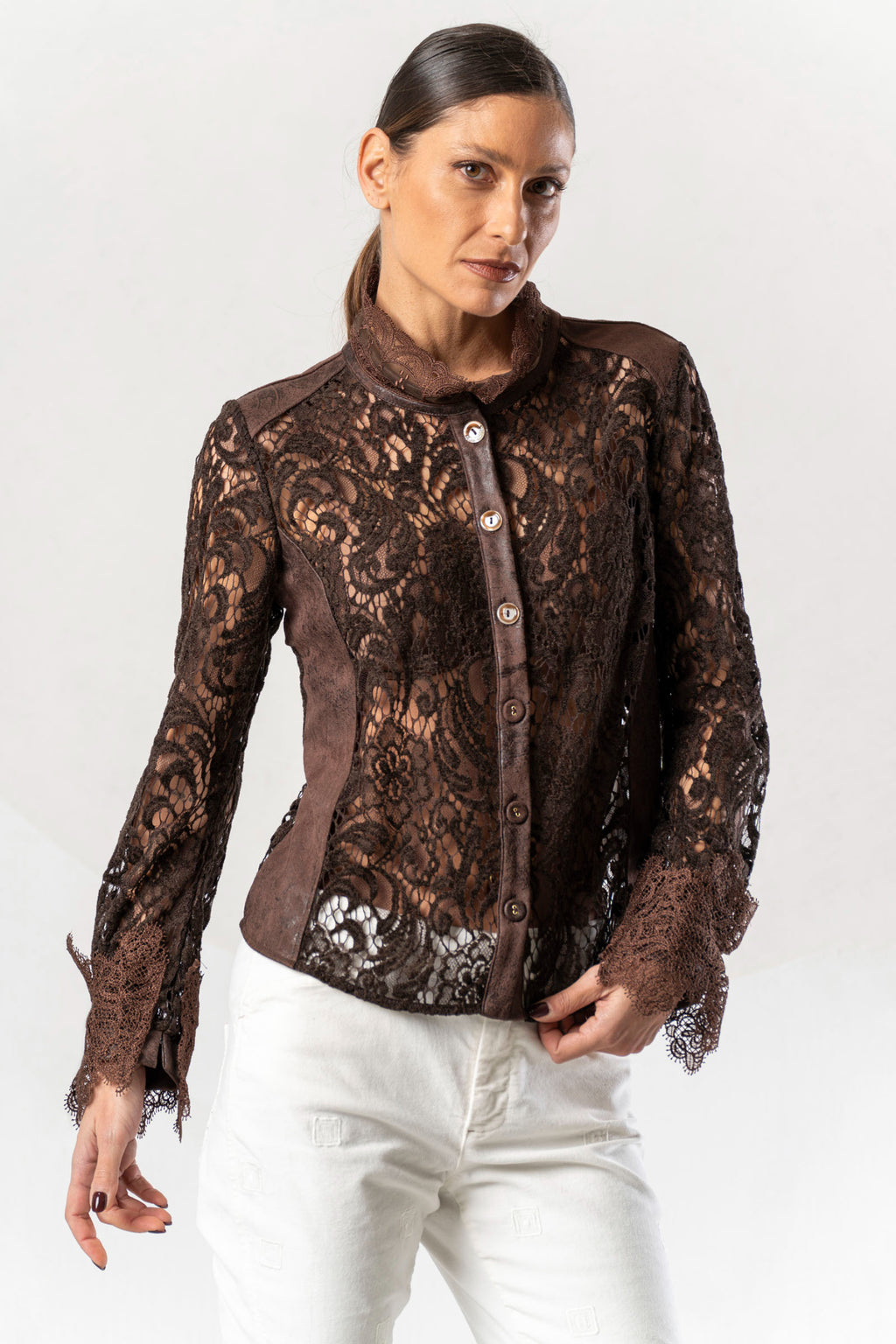 Discover the Elisa Cavaletti ELW261022604 Brown Blouse at Dotique. A premium Italian designer blouse with beautiful detailing in rich chocolate brown.
