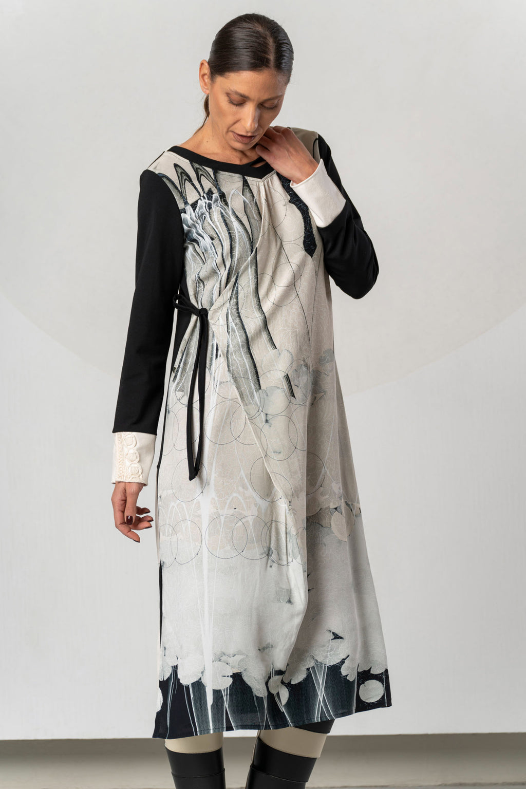 Shop the Elisa Cavaletti ELW262017208 Dress at Dotique. A luxurious black and ivory printed designer dress with beautiful detailing for AW26.