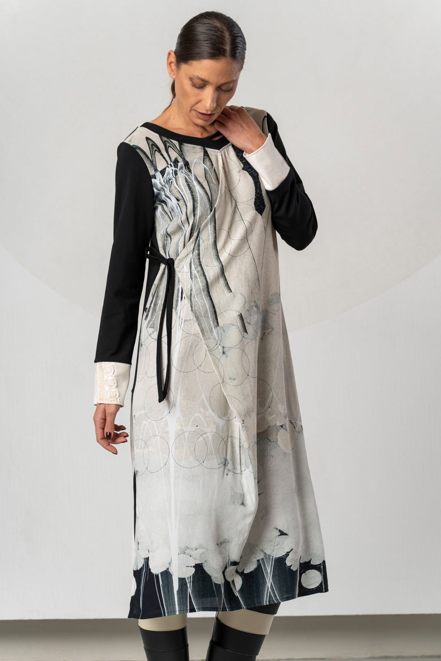 Shop the Elisa Cavaletti ELW262017208 Dress at Dotique. A luxurious black and ivory printed designer dress with beautiful detailing for AW26.