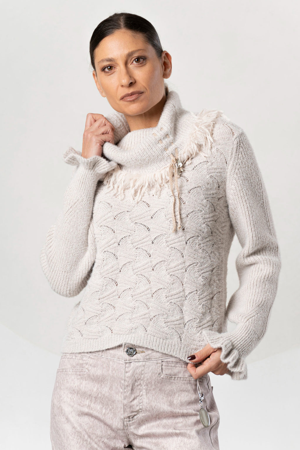 Shop the Elisa Cavaletti ELW264038801 Beige Jumper at Dotique. A premium Italian wool-blend knit with beautiful texture and a cosy high neckline.