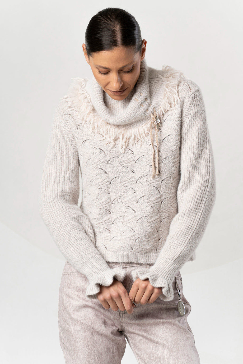 Shop the Elisa Cavaletti ELW264038801 Beige Jumper at Dotique. A premium Italian wool-blend knit with beautiful texture and a cosy high neckline.