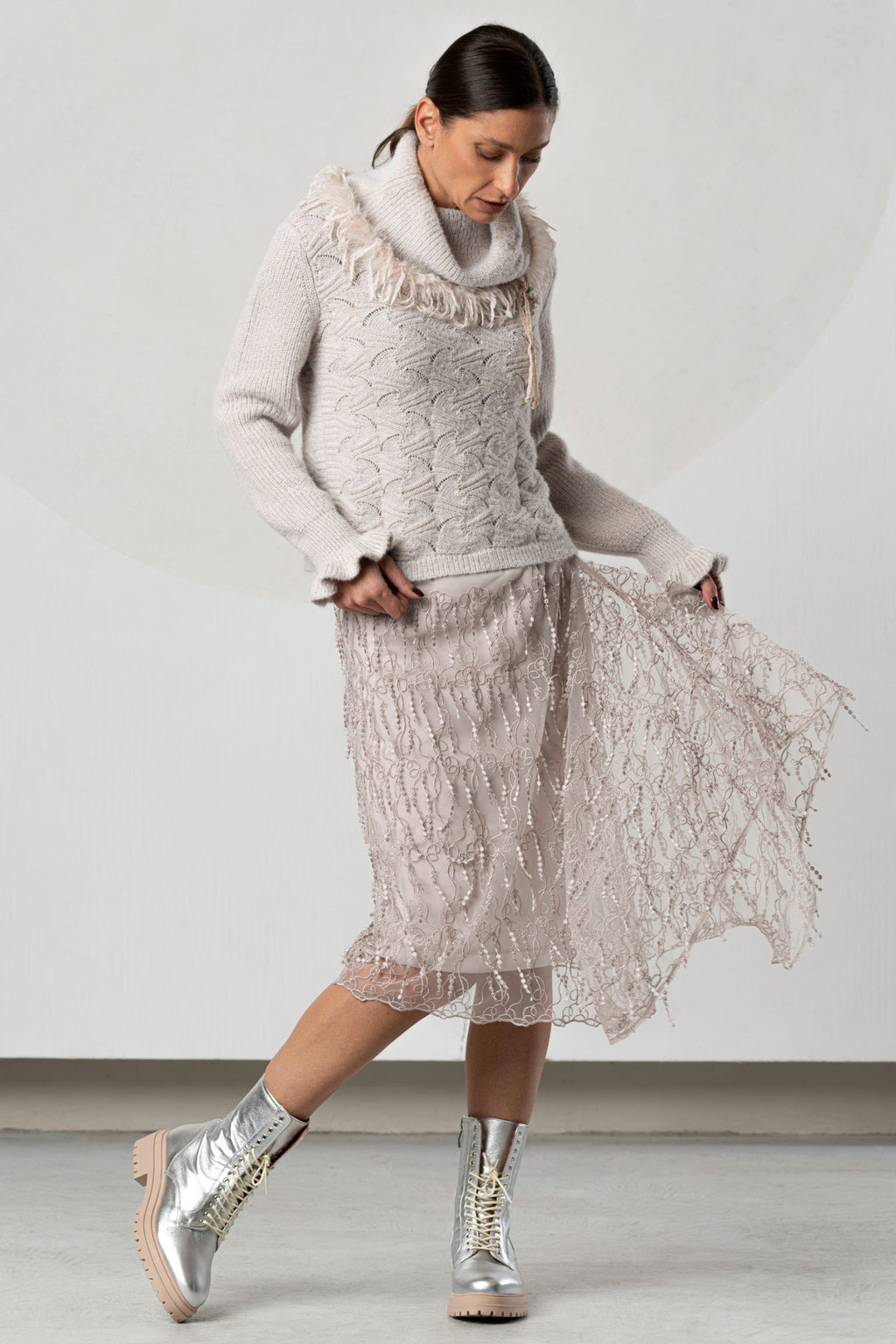 Shop the Elisa Cavaletti ELW264038801 Beige Jumper at Dotique. A premium Italian wool-blend knit with beautiful texture and a cosy high neckline.