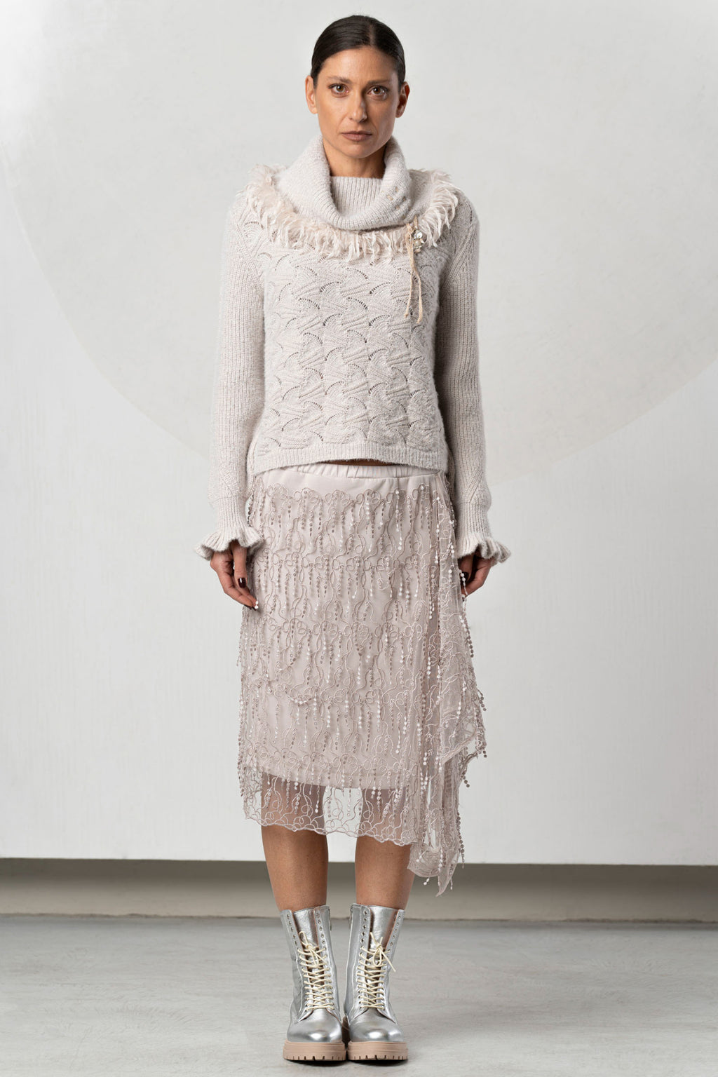 Shop the Elisa Cavaletti ELW264038801 Beige Jumper at Dotique. A premium Italian wool-blend knit with beautiful texture and a cosy high neckline.
