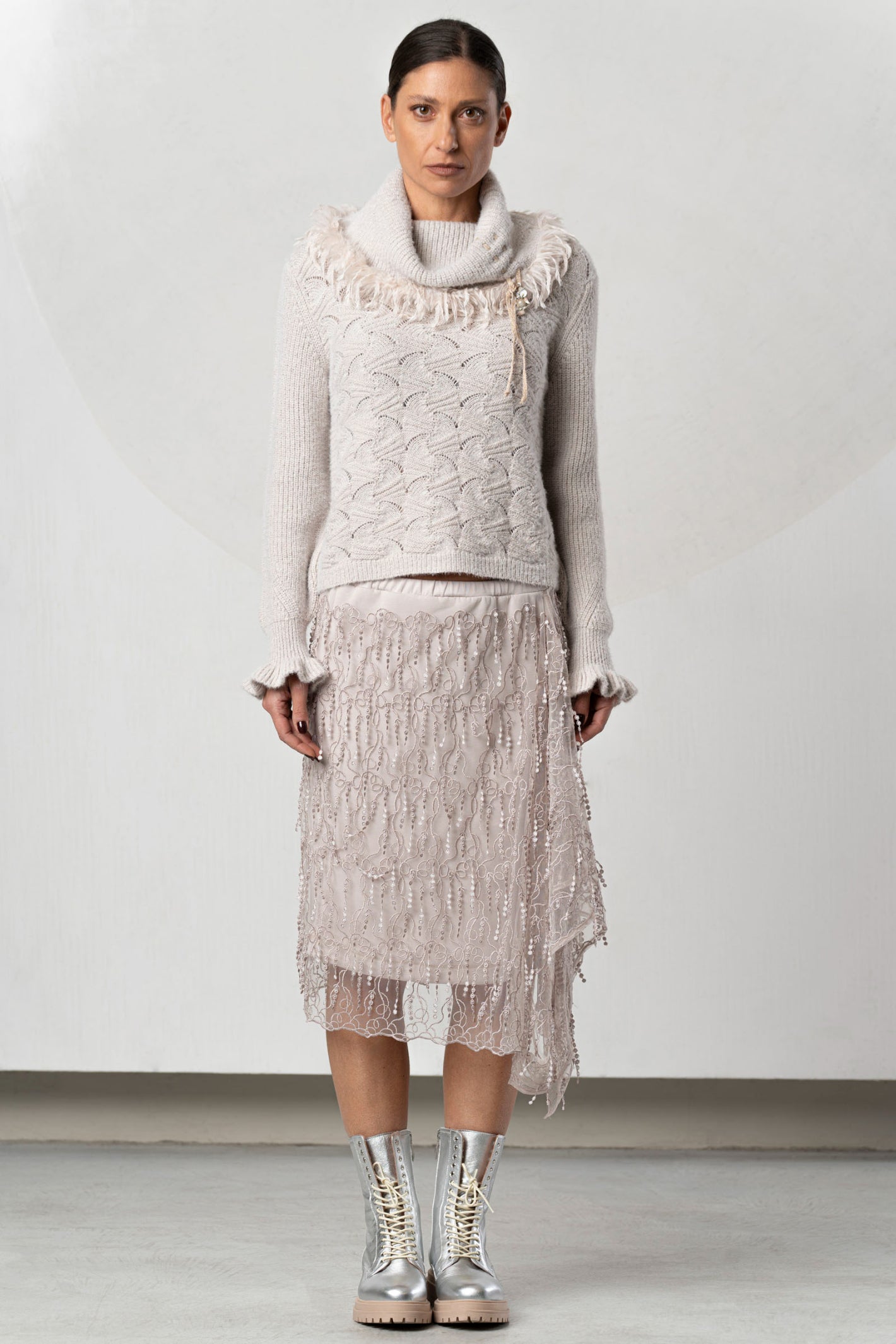 Shop the Elisa Cavaletti ELW264038801 Beige Jumper at Dotique. A premium Italian wool-blend knit with beautiful texture and a cosy high neckline.