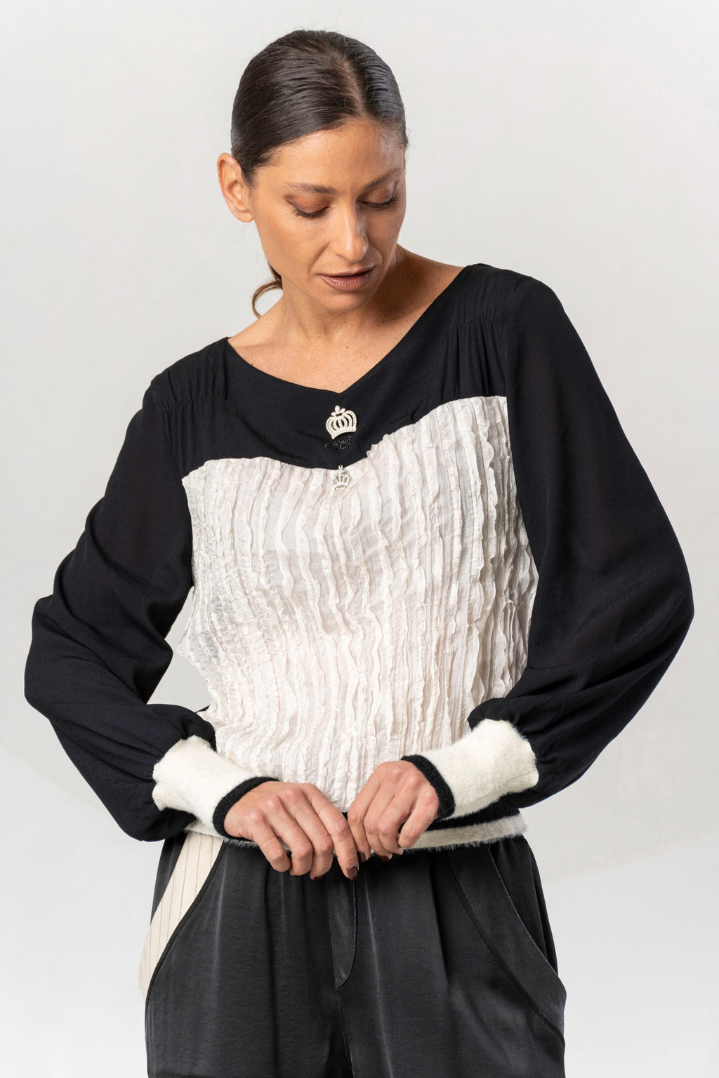 Shop the Elisa Cavaletti ELW265051401 Ivory Top at Dotique. A luxurious Italian designer top with contrasting textures and statement AW26 detailing.