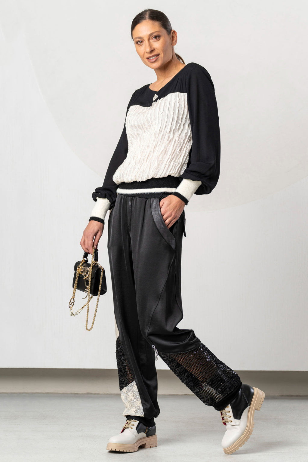 Shop the Elisa Cavaletti ELW265051401 Ivory Top at Dotique. A luxurious Italian designer top with contrasting textures and statement AW26 detailing.