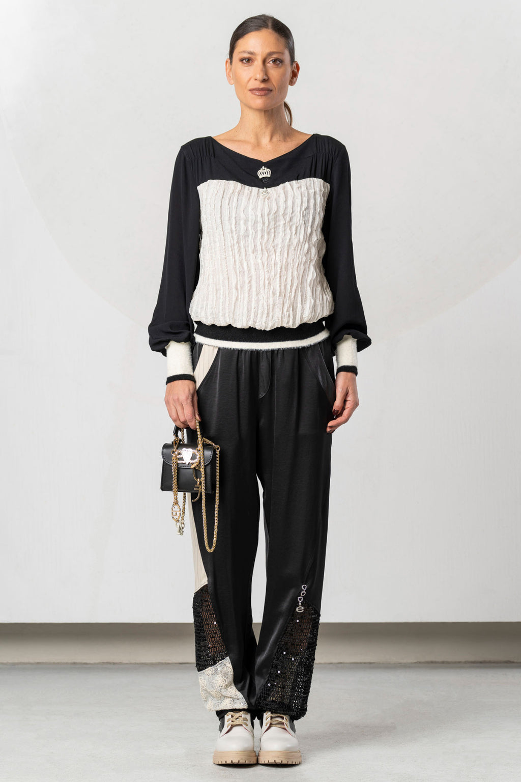 Shop the Elisa Cavaletti ELW265051401 Ivory Top at Dotique. A luxurious Italian designer top with contrasting textures and statement AW26 detailing.