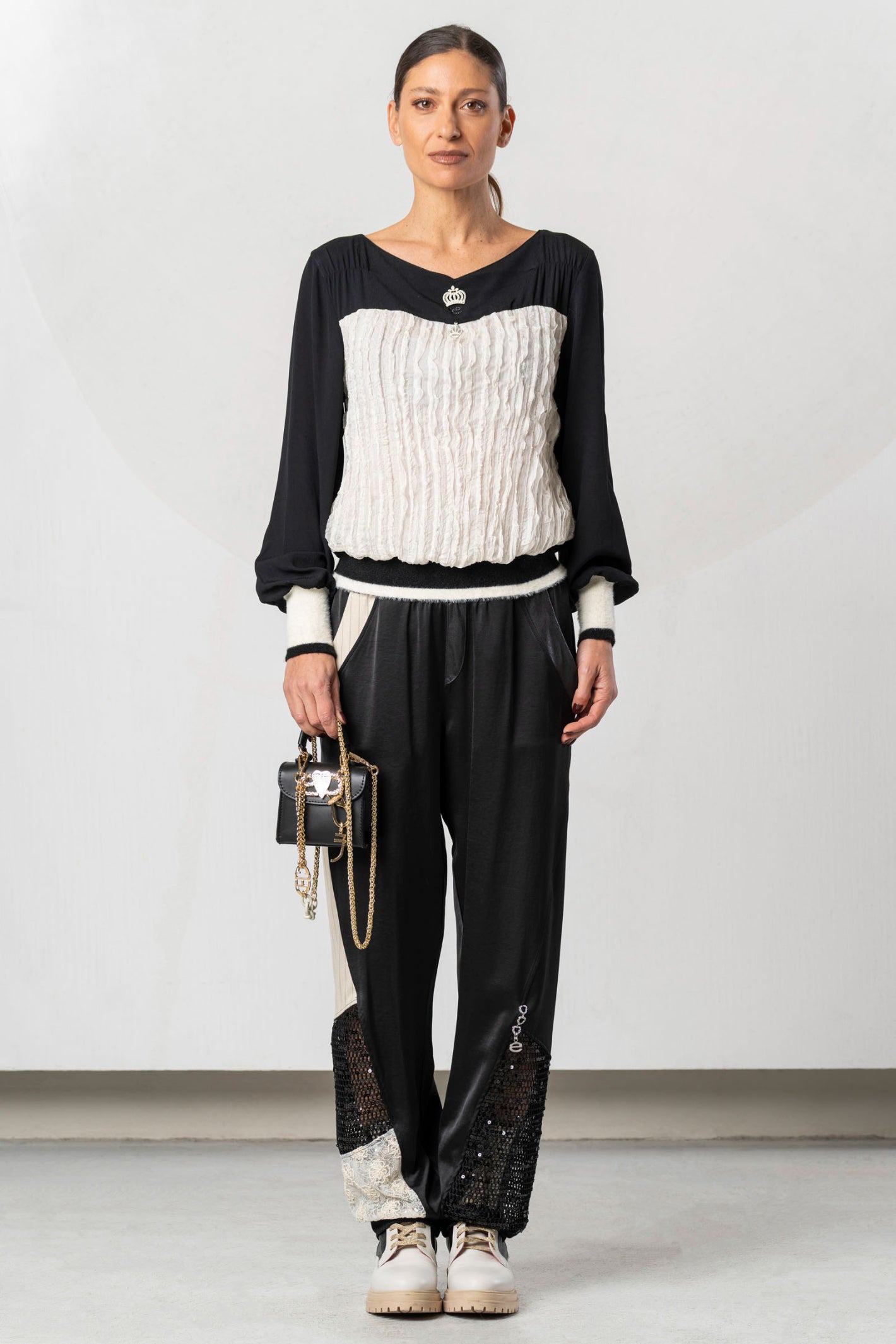 Shop the Elisa Cavaletti ELW265051401 Ivory Top at Dotique. A luxurious Italian designer top with contrasting textures and statement AW26 detailing.