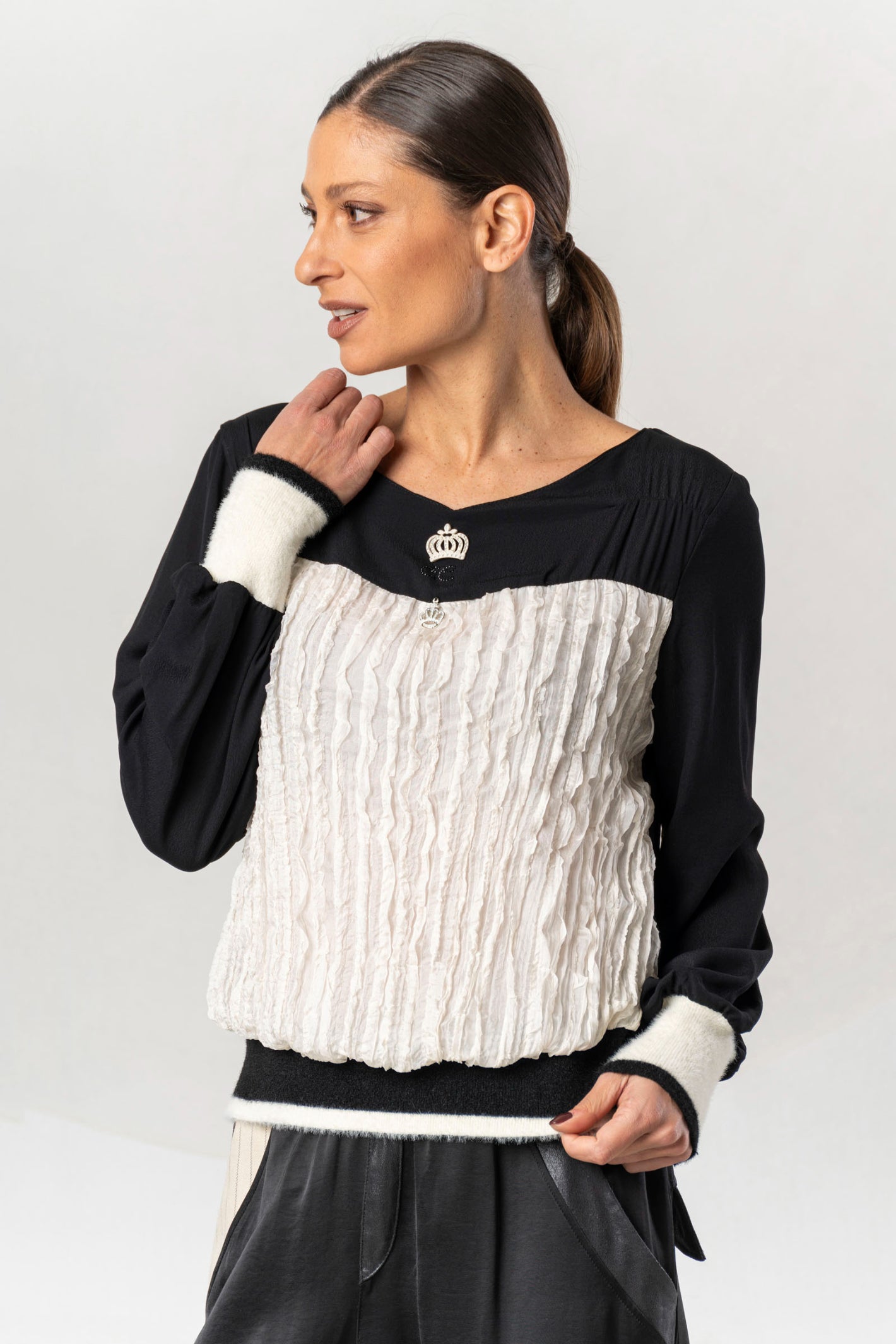 Shop the Elisa Cavaletti ELW265051401 Ivory Top at Dotique. A luxurious Italian designer top with contrasting textures and statement AW26 detailing.