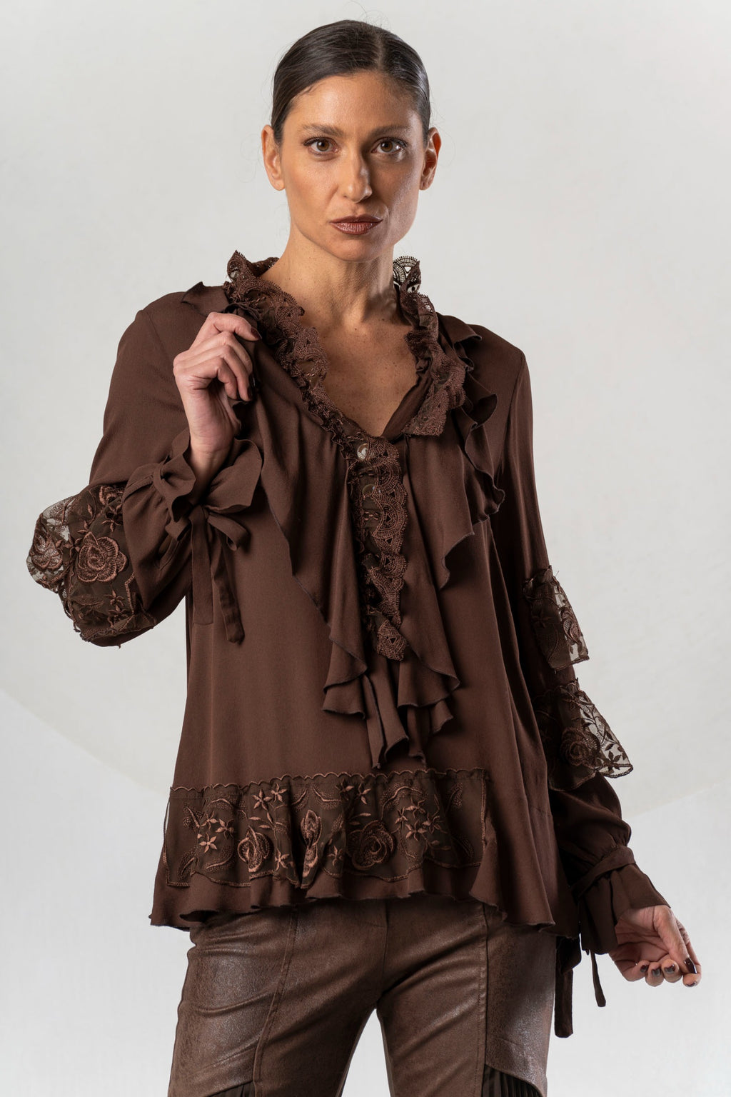 Shop the Elisa Cavaletti ELW265069101R Brown Blouse at Dotique. A luxurious 100% viscose designer blouse in rich chocolate brown for AW26.