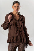 Shop the Elisa Cavaletti ELW265069101R Brown Blouse at Dotique. A luxurious 100% viscose designer blouse in rich chocolate brown for AW26.