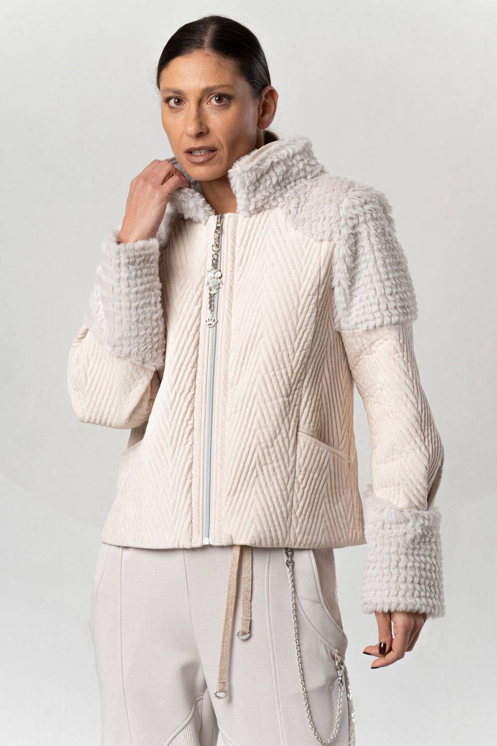 Discover the Elisa Cavaletti ELW267002800 Powder Pink Jacket at Dotique. A luxurious Italian designer jacket with beautiful texture and detailing.