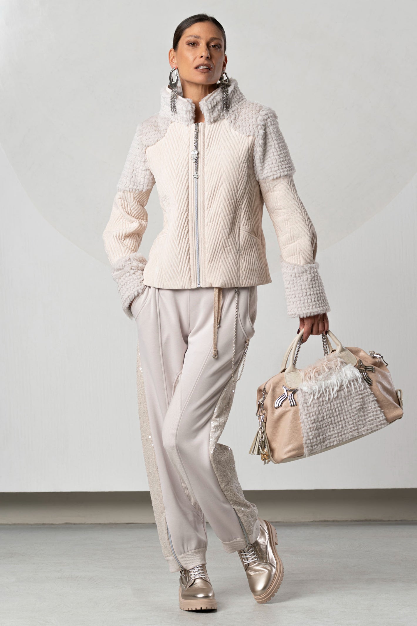 Discover the Elisa Cavaletti ELW267002800 Powder Pink Jacket at Dotique. A luxurious Italian designer jacket with beautiful texture and detailing.