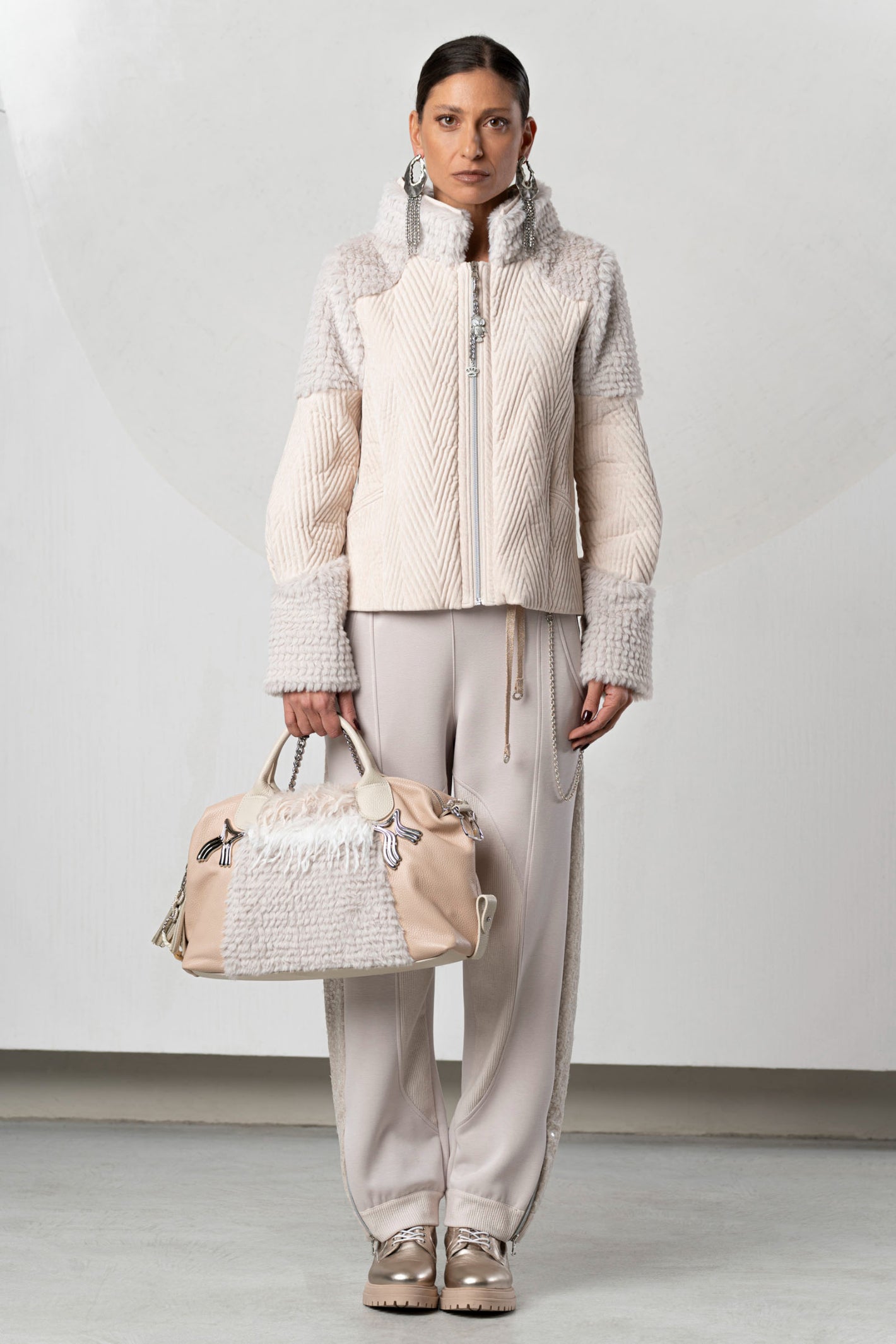 Discover the Elisa Cavaletti ELW267002800 Powder Pink Jacket at Dotique. A luxurious Italian designer jacket with beautiful texture and detailing.