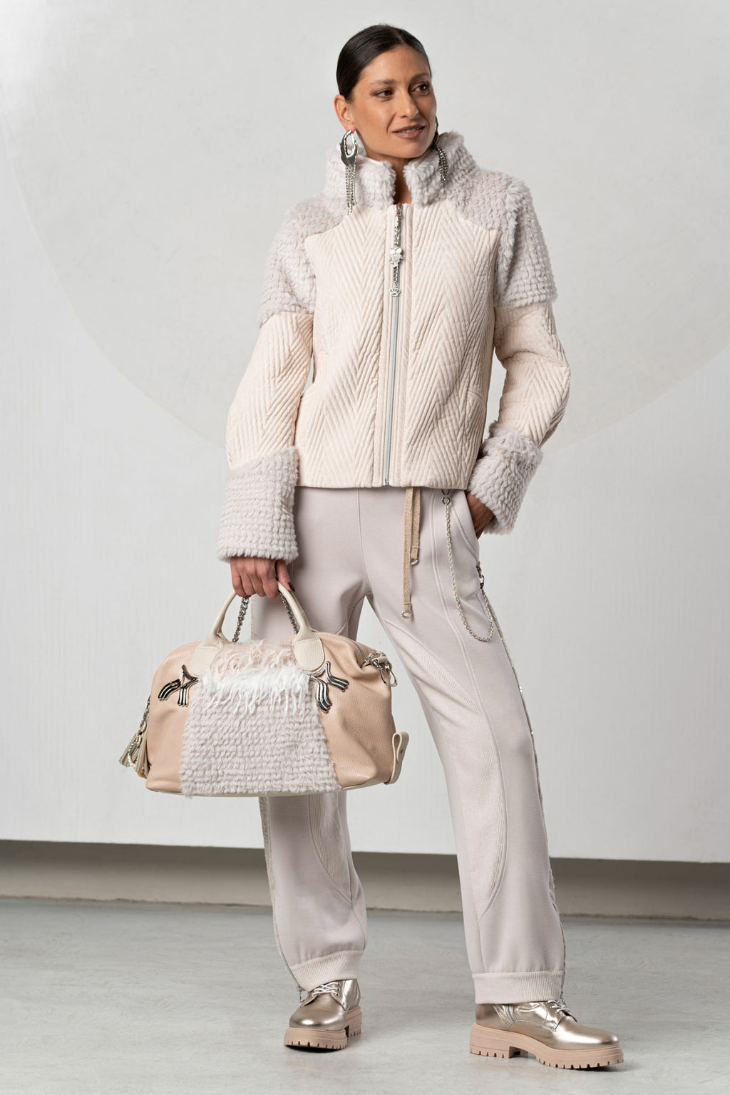Discover the Elisa Cavaletti ELW267002800 Powder Pink Jacket at Dotique. A luxurious Italian designer jacket with beautiful texture and detailing.