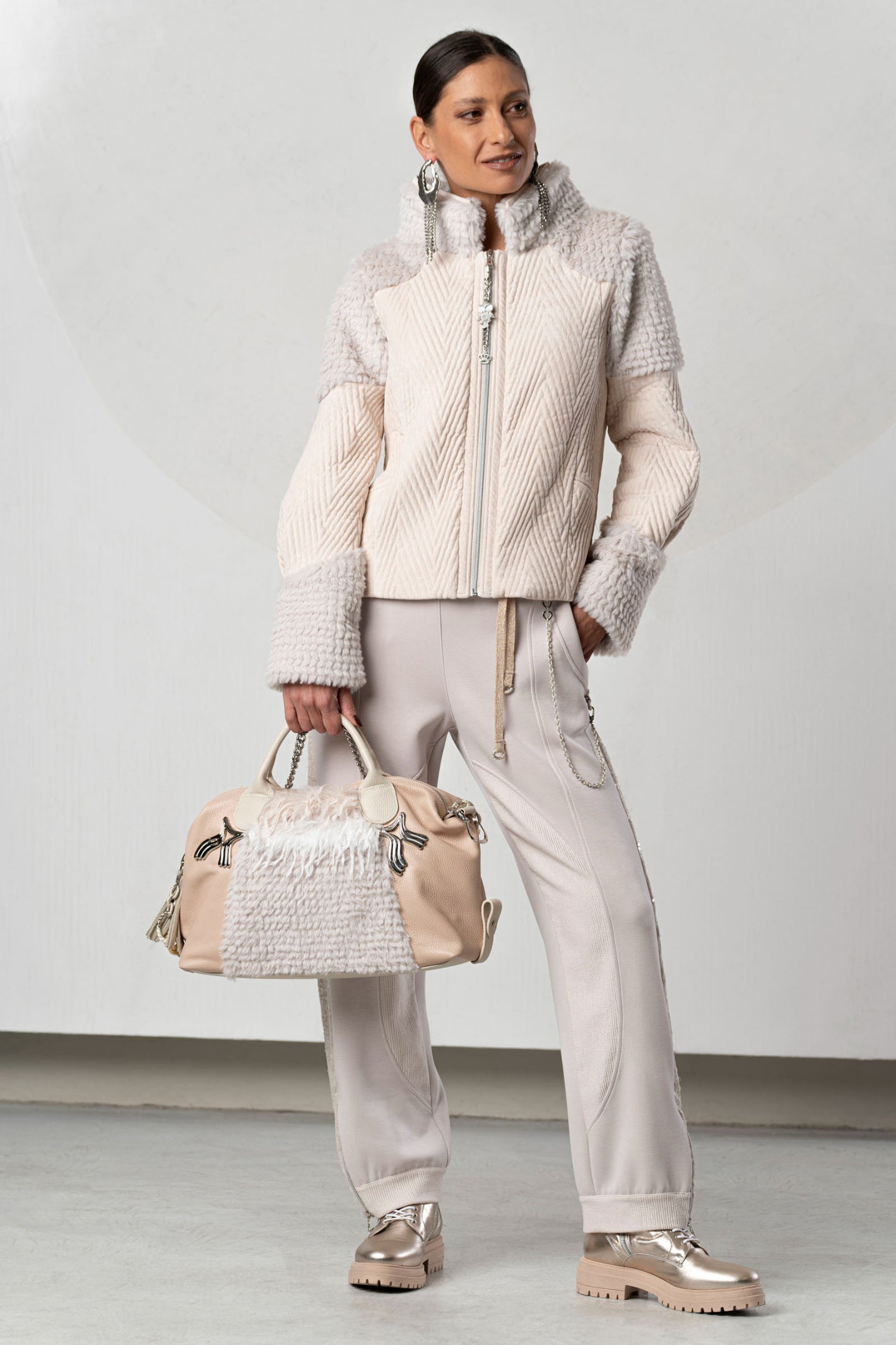 Discover the Elisa Cavaletti ELW267002800 Powder Pink Jacket at Dotique. A luxurious Italian designer jacket with beautiful texture and detailing.