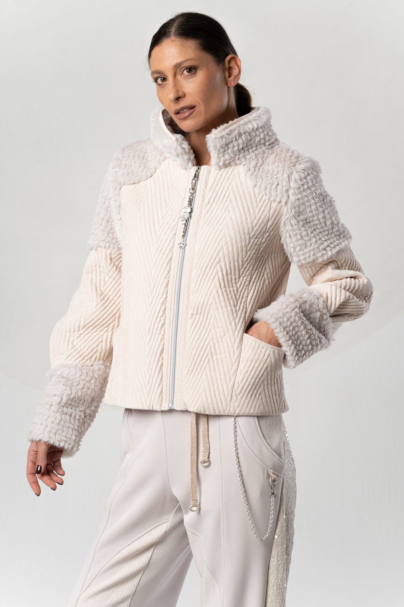 Discover the Elisa Cavaletti ELW267002800 Powder Pink Jacket at Dotique. A luxurious Italian designer jacket with beautiful texture and detailing.