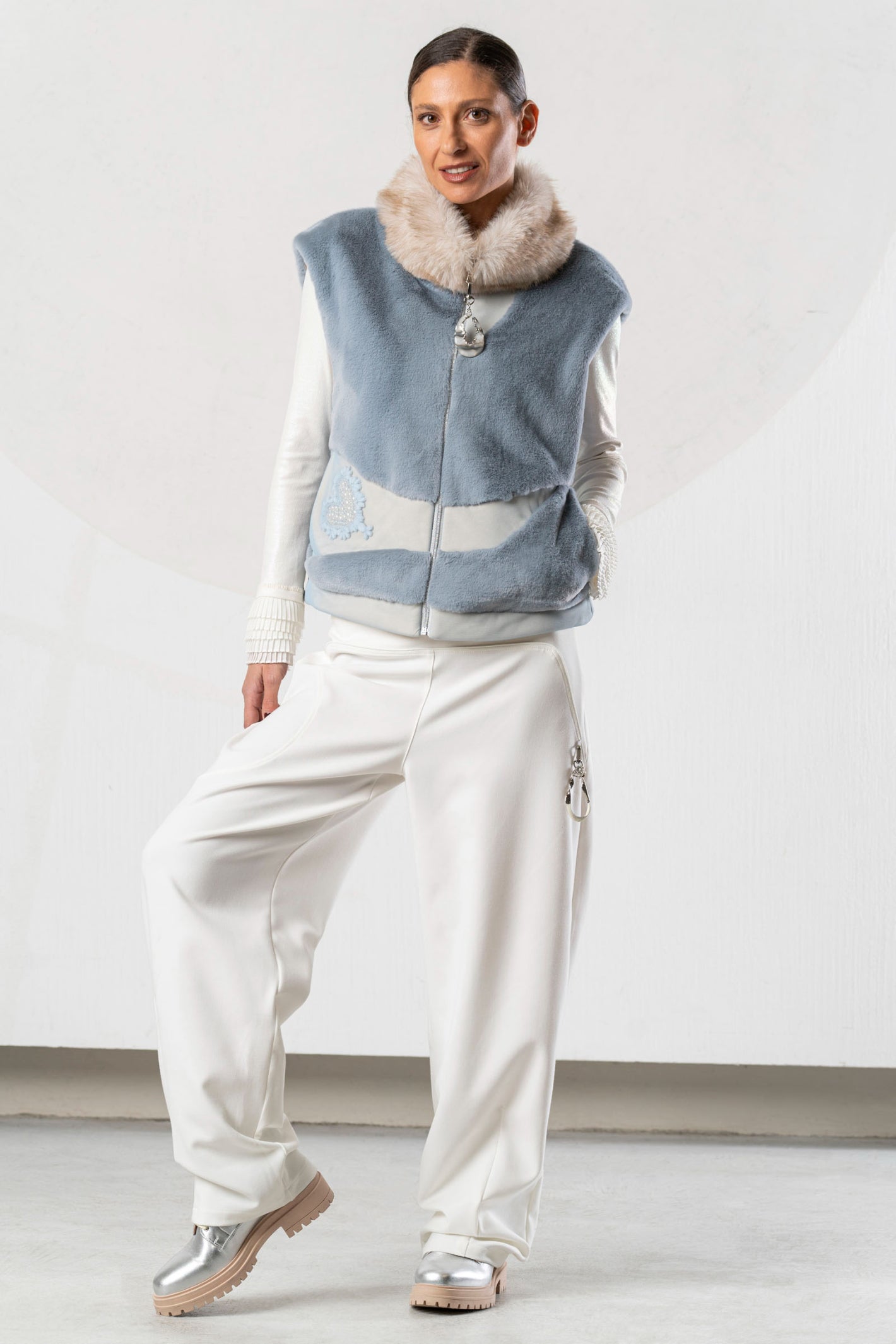 Discover the Elisa Cavaletti ELW267014504 Gilet at Dotique. A premium light blue and beige designer gilet with distinctive mixed-texture detailing.