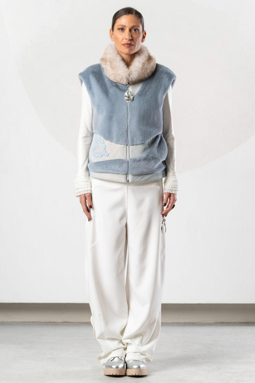 Discover the Elisa Cavaletti ELW267014504 Gilet at Dotique. A premium light blue and beige designer gilet with distinctive mixed-texture detailing.