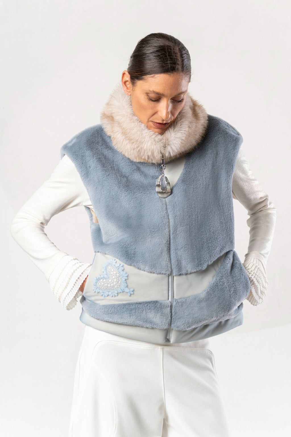 Discover the Elisa Cavaletti ELW267014504 Gilet at Dotique. A premium light blue and beige designer gilet with distinctive mixed-texture detailing.