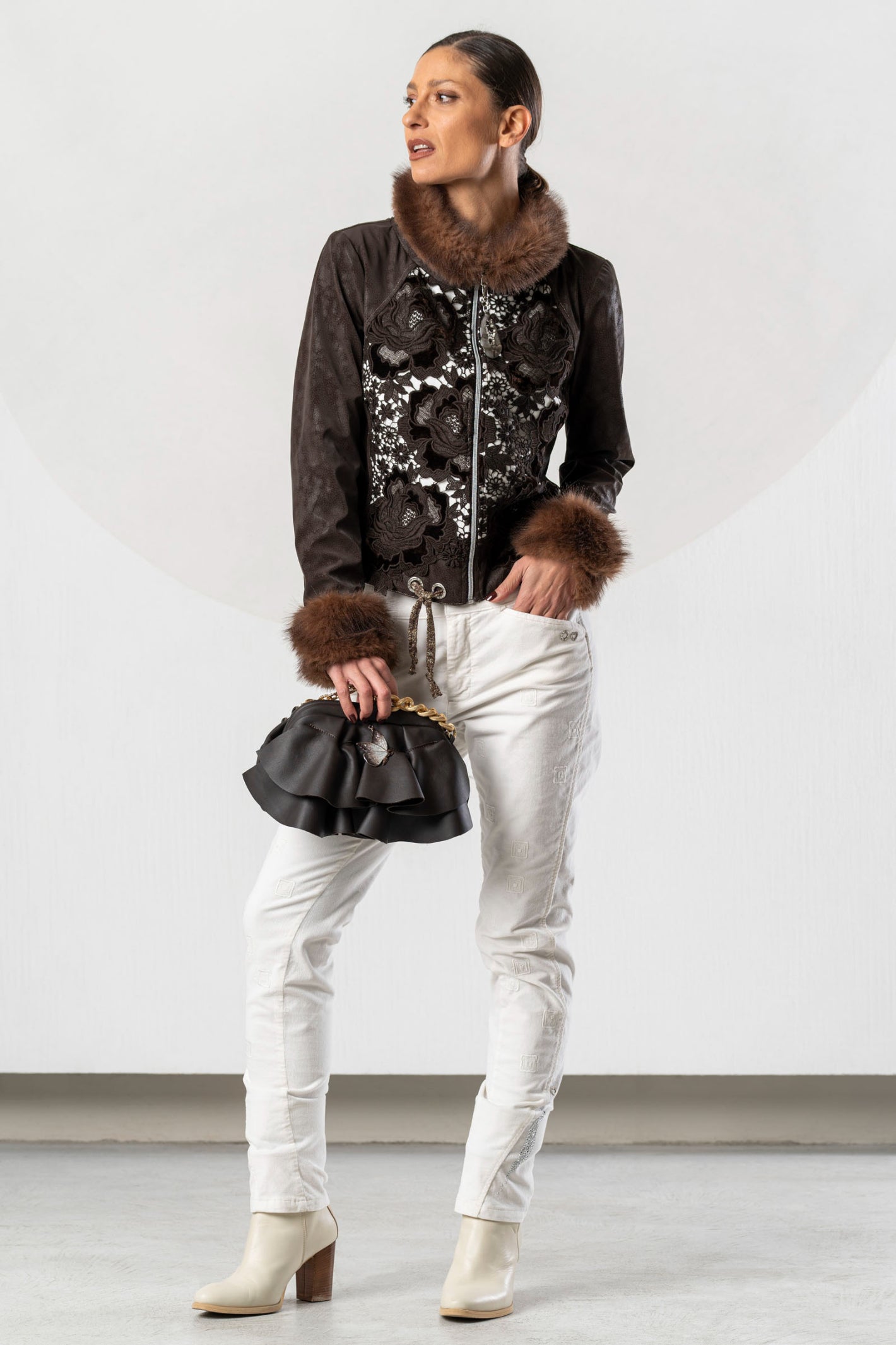 Shop the Elisa Cavaletti ELW267023500 Brown Jacket at Dotique. A luxurious Italian statement jacket with beautiful texture and detailing for AW26.
