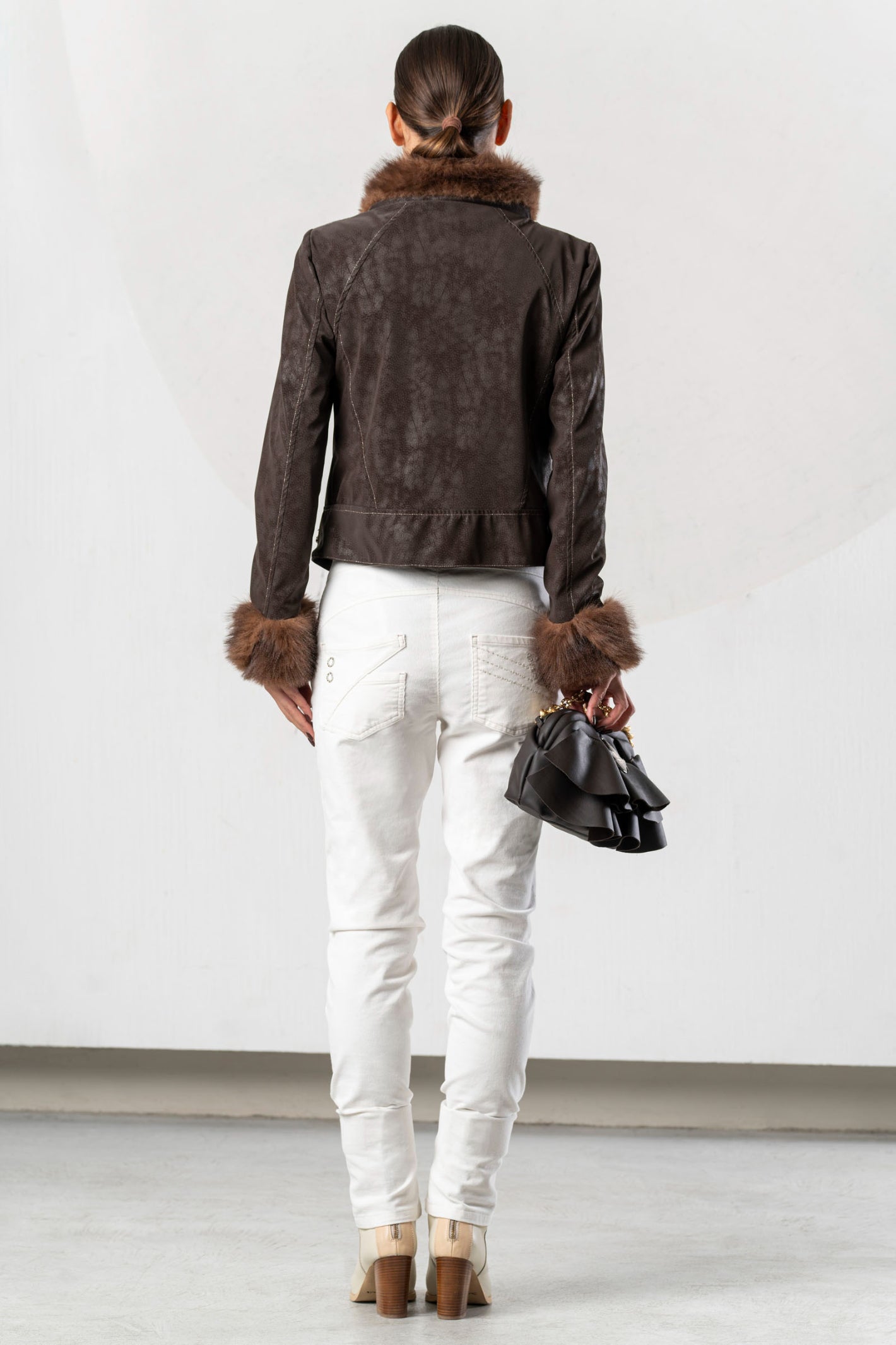 Shop the Elisa Cavaletti ELW267023500 Brown Jacket at Dotique. A luxurious Italian statement jacket with beautiful texture and detailing for AW26.