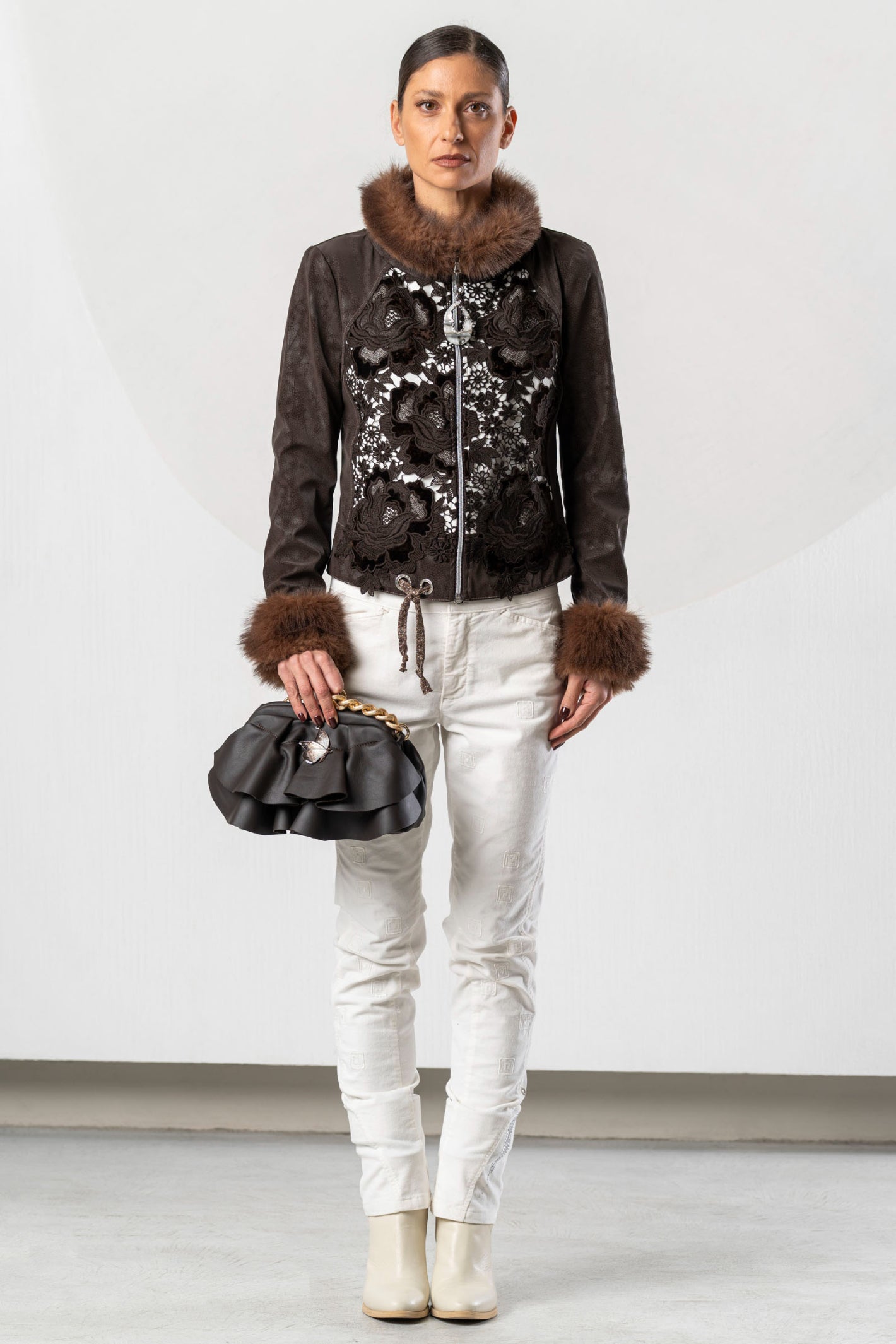 Shop the Elisa Cavaletti ELW267023500 Brown Jacket at Dotique. A luxurious Italian statement jacket with beautiful texture and detailing for AW26.