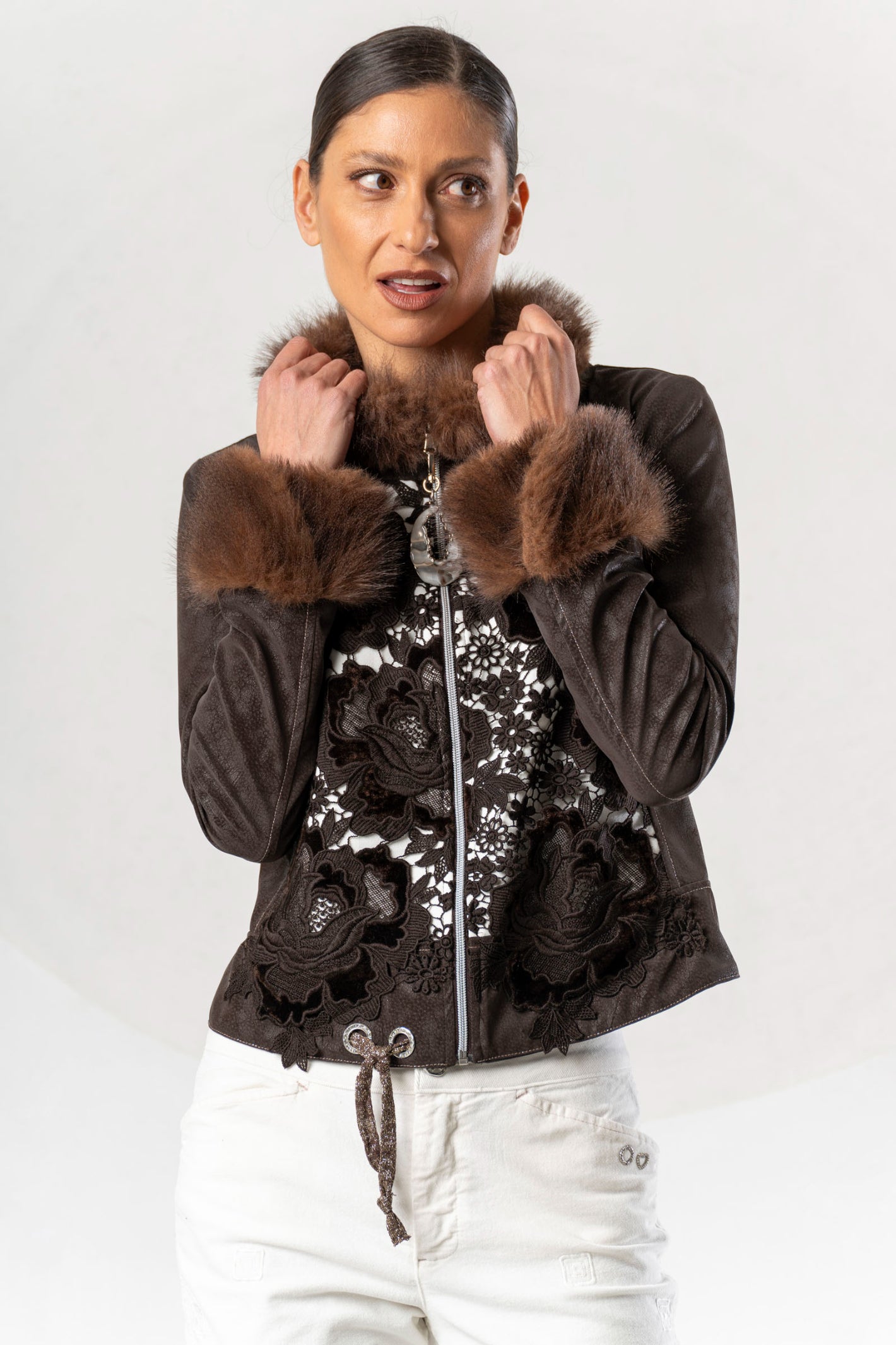 Shop the Elisa Cavaletti ELW267023500 Brown Jacket at Dotique. A luxurious Italian statement jacket with beautiful texture and detailing for AW26.