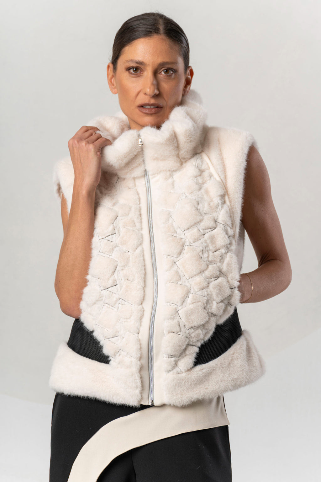 Shop the Elisa Cavaletti ELW267044200 Gilet at Dotique. A luxurious ivory and black designer gilet with beautiful texture and statement detailing.