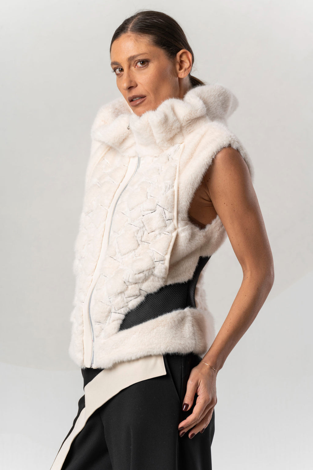 Shop the Elisa Cavaletti ELW267044200 Gilet at Dotique. A luxurious ivory and black designer gilet with beautiful texture and statement detailing.