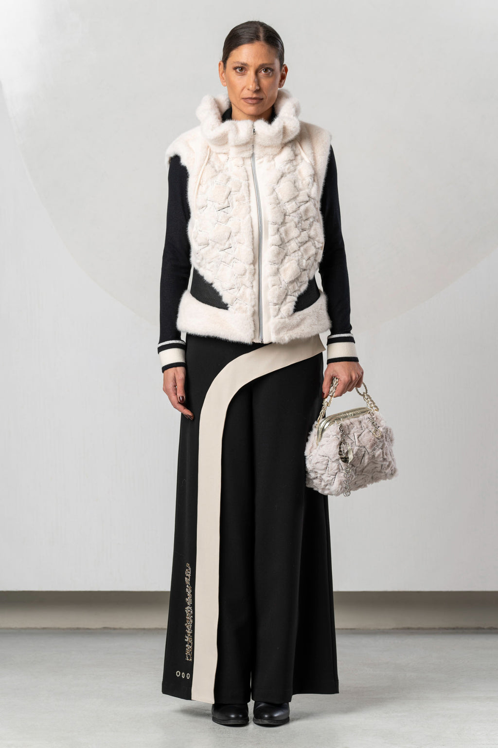 Shop the Elisa Cavaletti ELW267044200 Gilet at Dotique. A luxurious ivory and black designer gilet with beautiful texture and statement detailing.