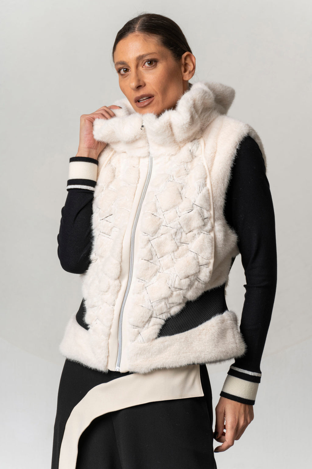Shop the Elisa Cavaletti ELW267044200 Gilet at Dotique. A luxurious ivory and black designer gilet with beautiful texture and statement detailing.