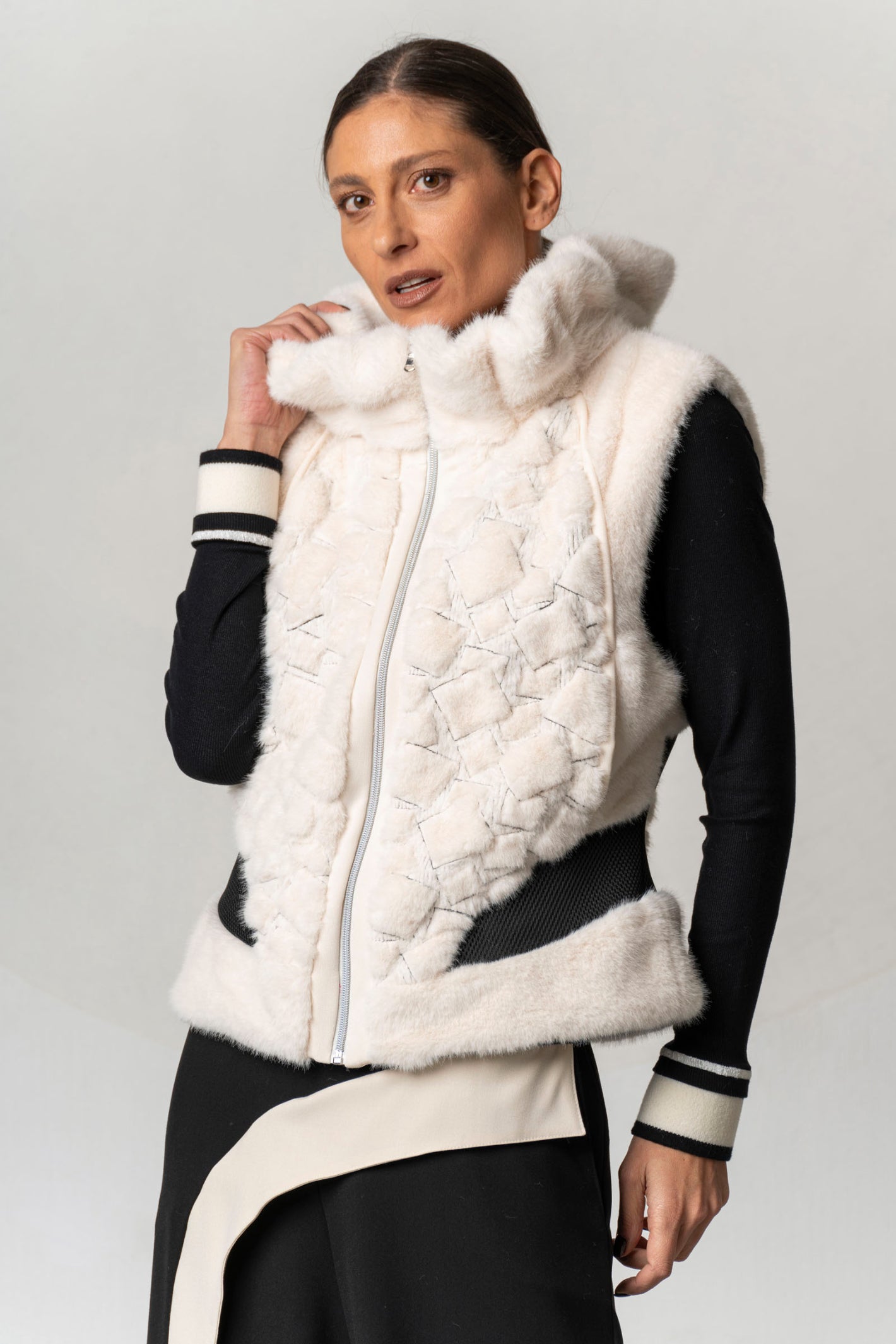 Shop the Elisa Cavaletti ELW267044200 Gilet at Dotique. A luxurious ivory and black designer gilet with beautiful texture and statement detailing.