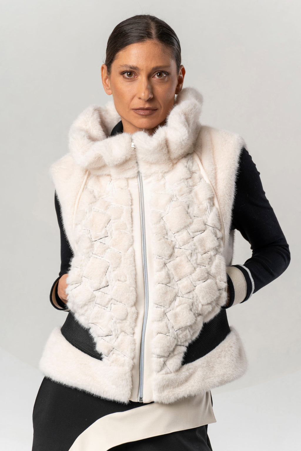 Shop the Elisa Cavaletti ELW267044200 Gilet at Dotique. A luxurious ivory and black designer gilet with beautiful texture and statement detailing.