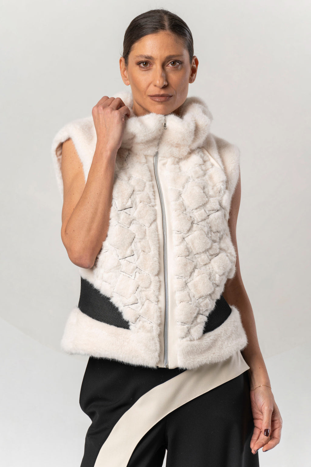 Shop the Elisa Cavaletti ELW267044200 Gilet at Dotique. A luxurious ivory and black designer gilet with beautiful texture and statement detailing.