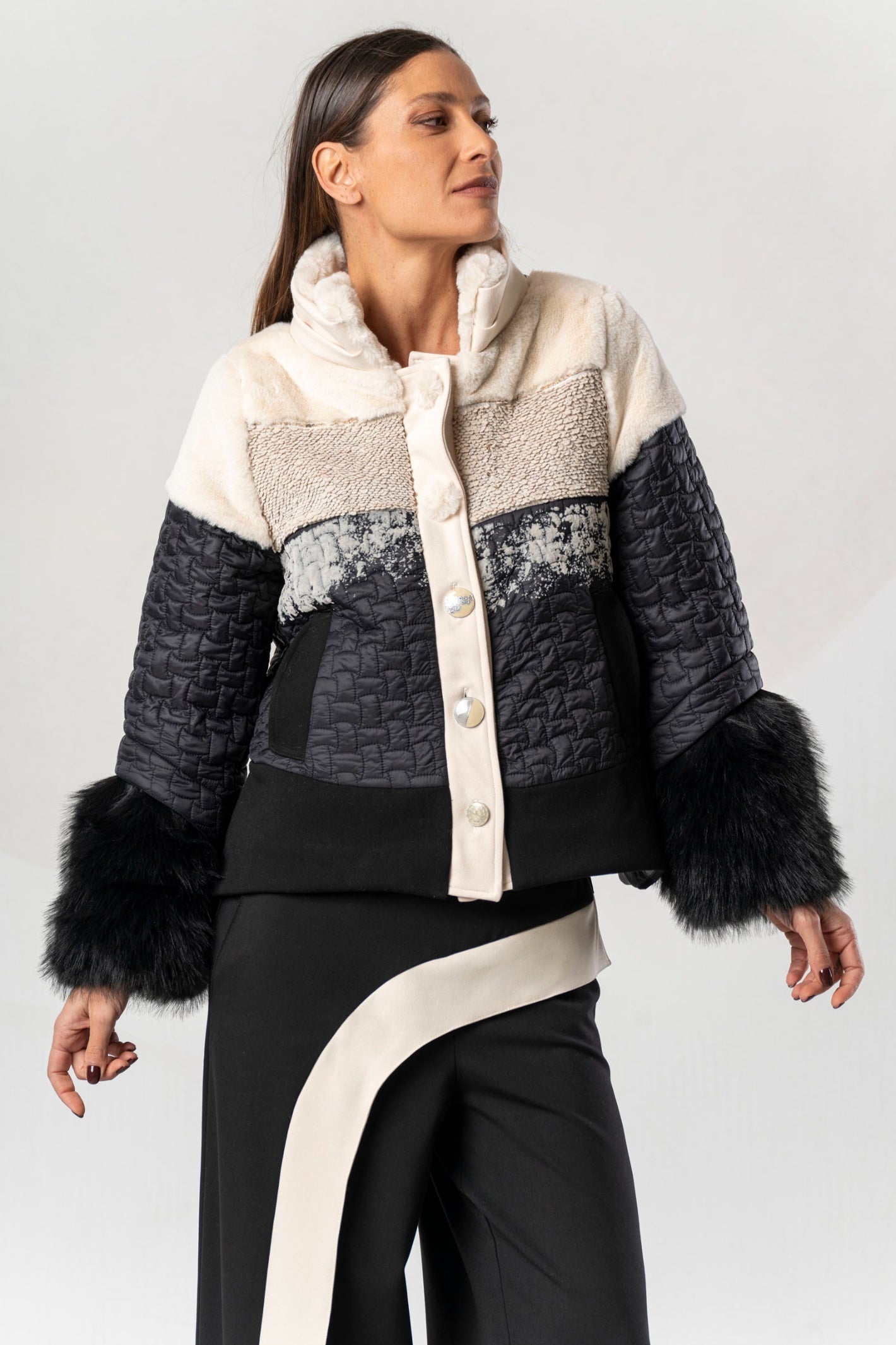 Shop the Elisa Cavaletti ELW268043300 Jacket at Dotique. A luxurious black and ivory statement jacket with beautiful texture from the AW26 collection.