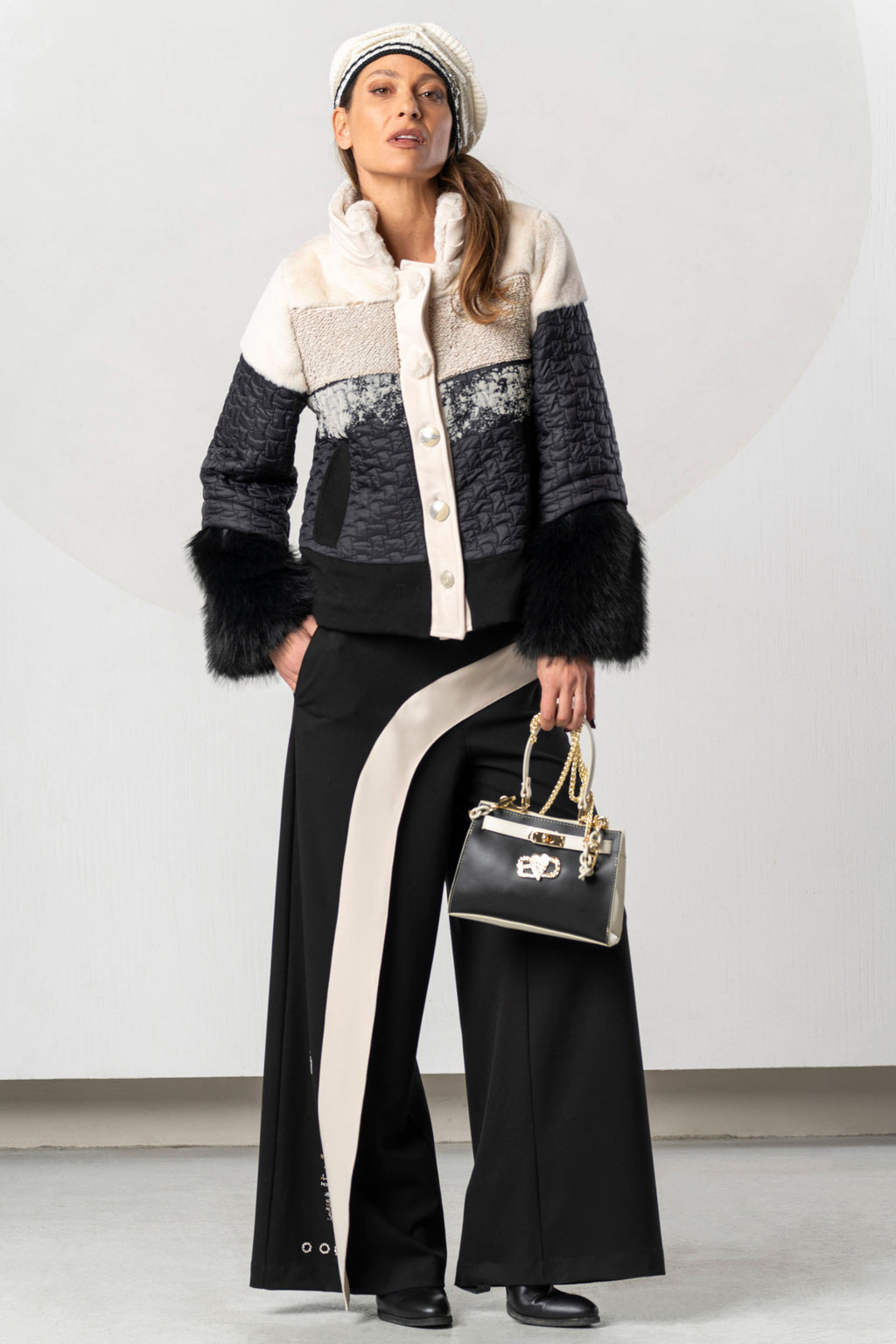 Shop the Elisa Cavaletti ELW268043300 Jacket at Dotique. A luxurious black and ivory statement jacket with beautiful texture from the AW26 collection.