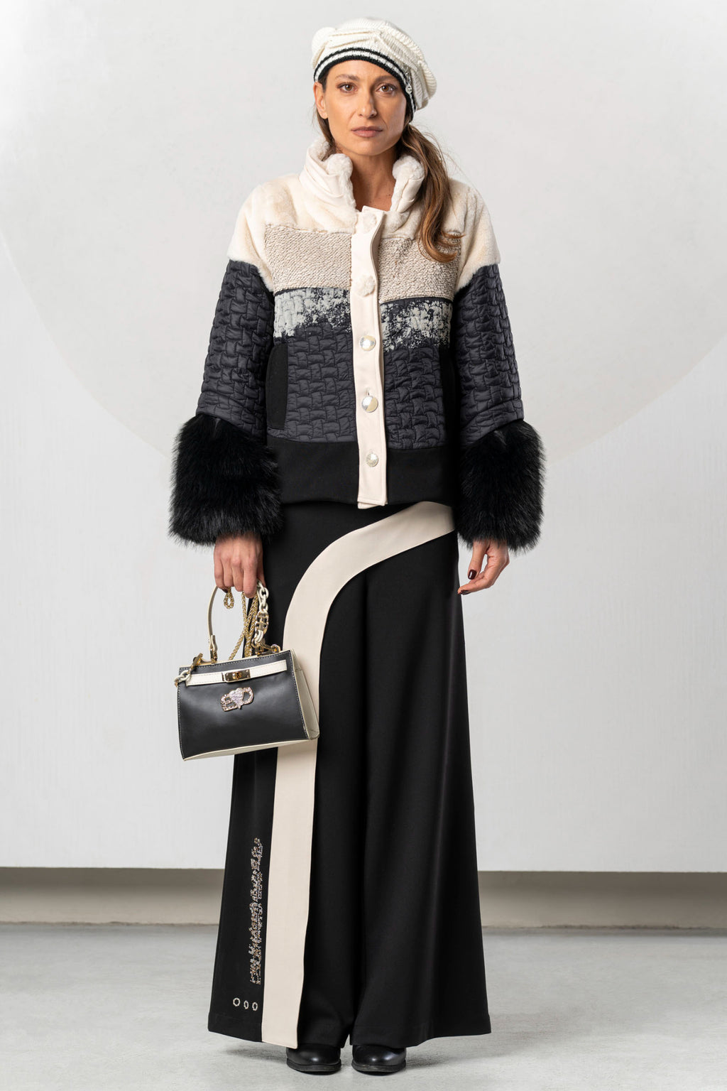 Shop the Elisa Cavaletti ELW268043300 Jacket at Dotique. A luxurious black and ivory statement jacket with beautiful texture from the AW26 collection.