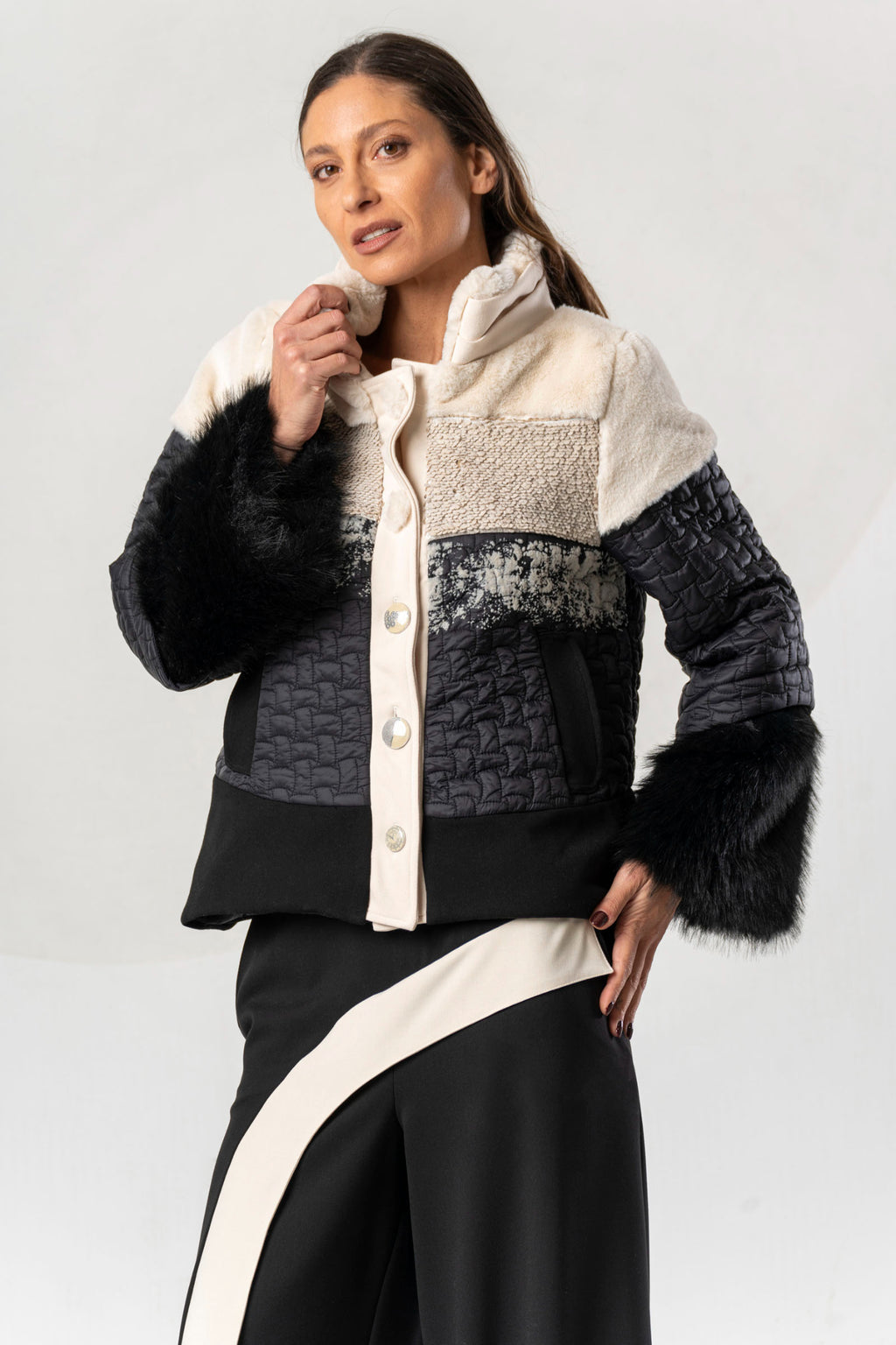 Shop the Elisa Cavaletti ELW268043300 Jacket at Dotique. A luxurious black and ivory statement jacket with beautiful texture from the AW26 collection.