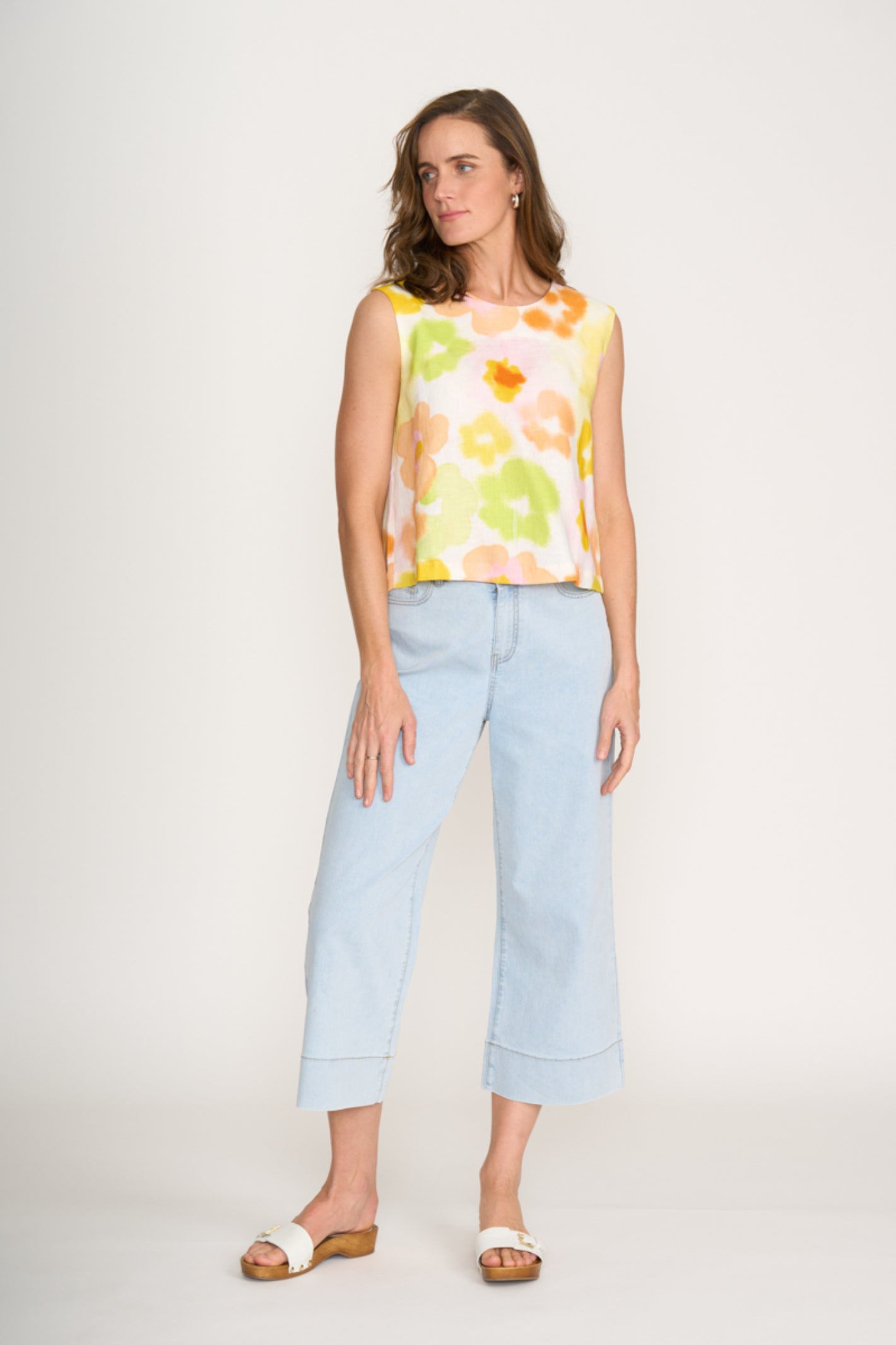 Model wearing Foil Fo6917 Its Only Natural Top Posh Petals styled with light blue jeans Shop Foil at Dotique