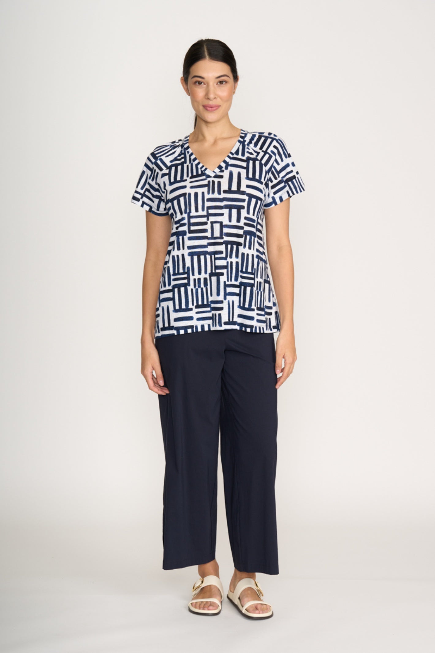 Model wearing Foil Fo8259 Broad Horizon Trousers Navy paired with patterned top, shop Foil at Dotique.