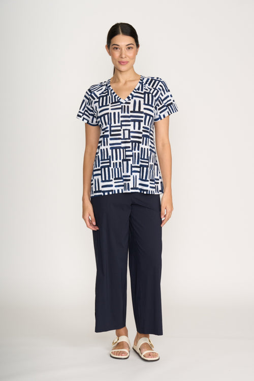 Model wearing Foil Fo8259 Broad Horizon Trousers Navy paired with patterned top, shop Foil at Dotique.