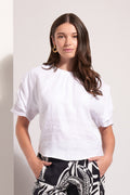 Woman wearing Foil Fo8257 Pleat Greet Top White by Foil hands in pockets shop Foil at Dotique