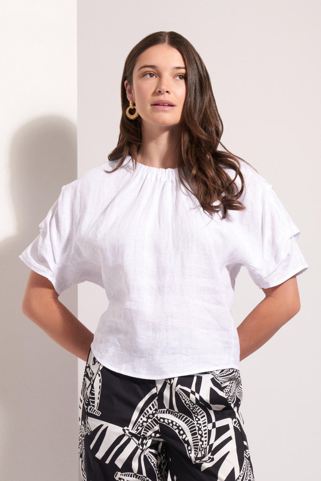 Foil Fo8257 Pleat Greet Top White on model with pleated neckline by Foil Shop Foil at Dotique