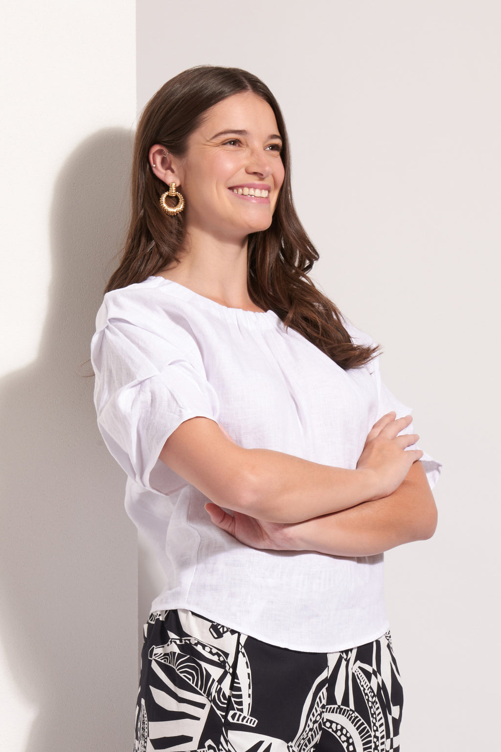 Woman wearing Foil Fo8257 Pleat Greet Top White by Foil, shop the vendor at Dotique for relaxed, pleated style.