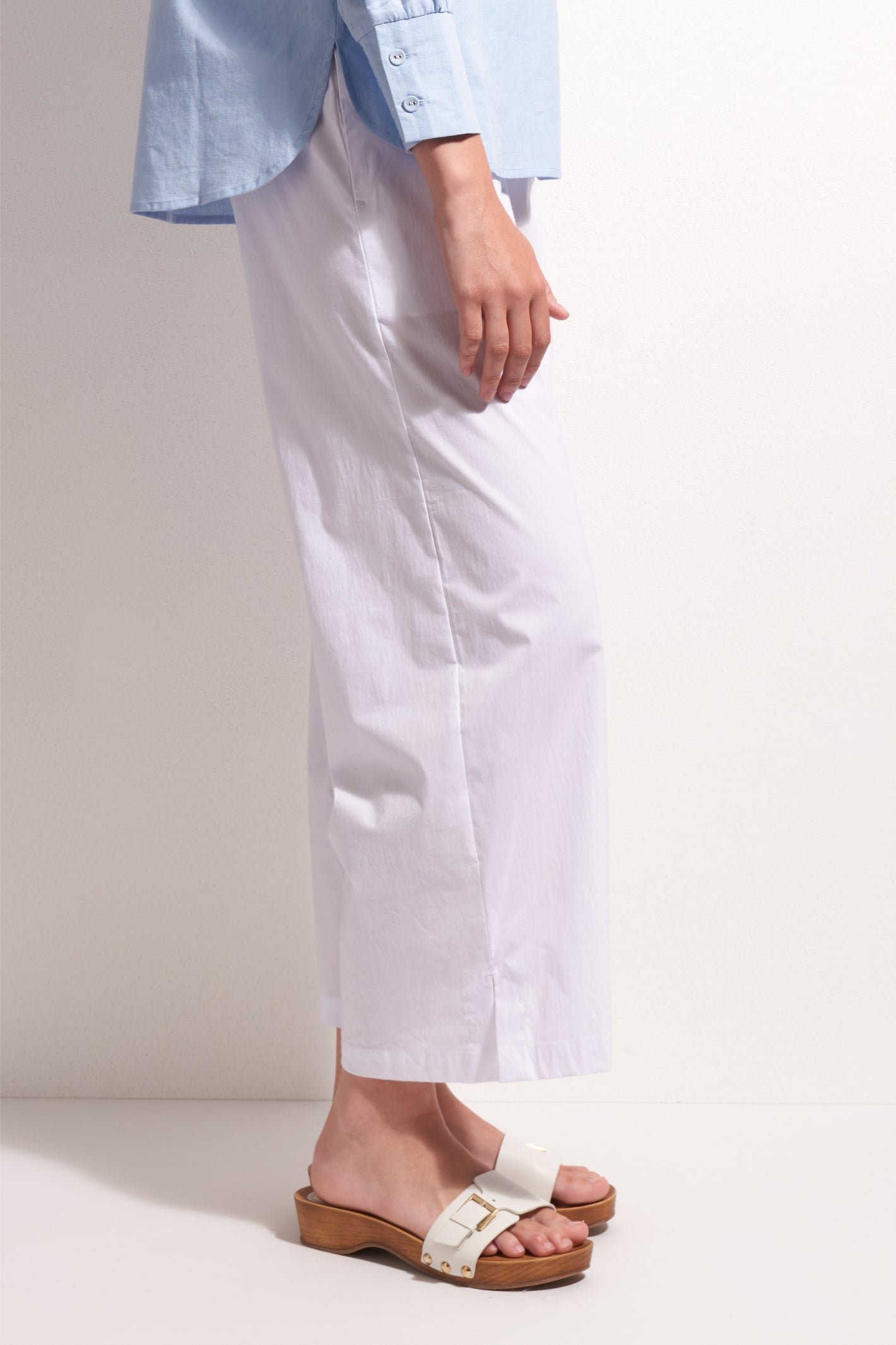 Foil Fo8259 Broad Horizon Trousers White styled with light blue shirt and white sandals Shop Foil at Dotique