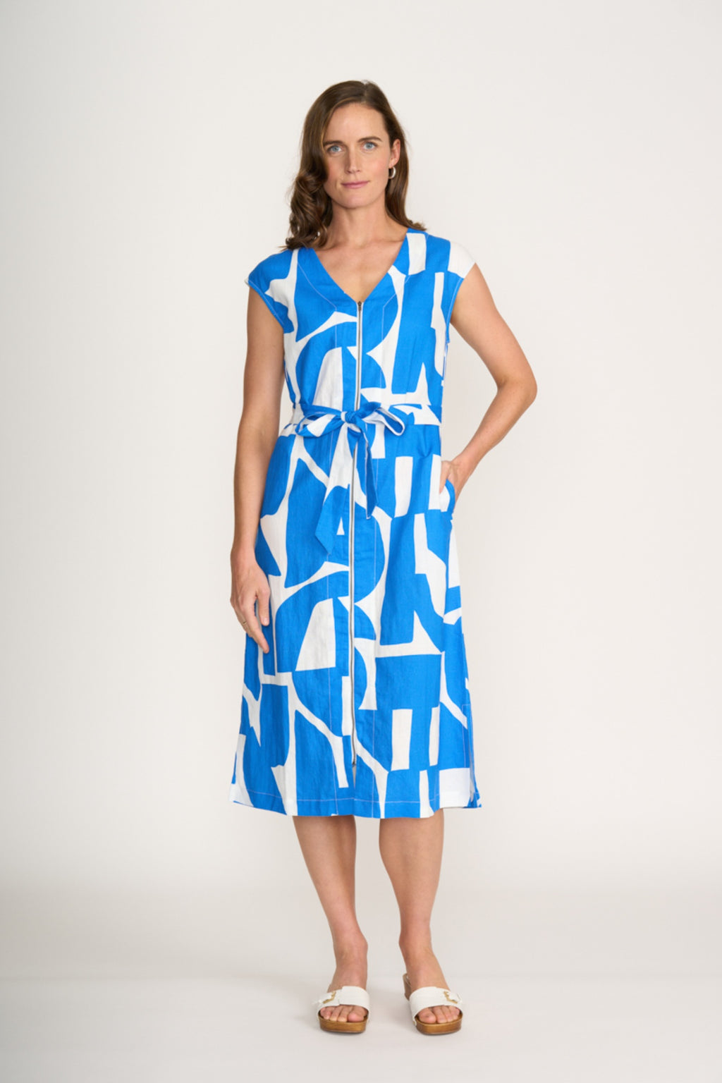 Shop the Foil Fo8294 You Little Zipper Dress Reflection by Foil at Dotique, featuring a blue and white abstract print.