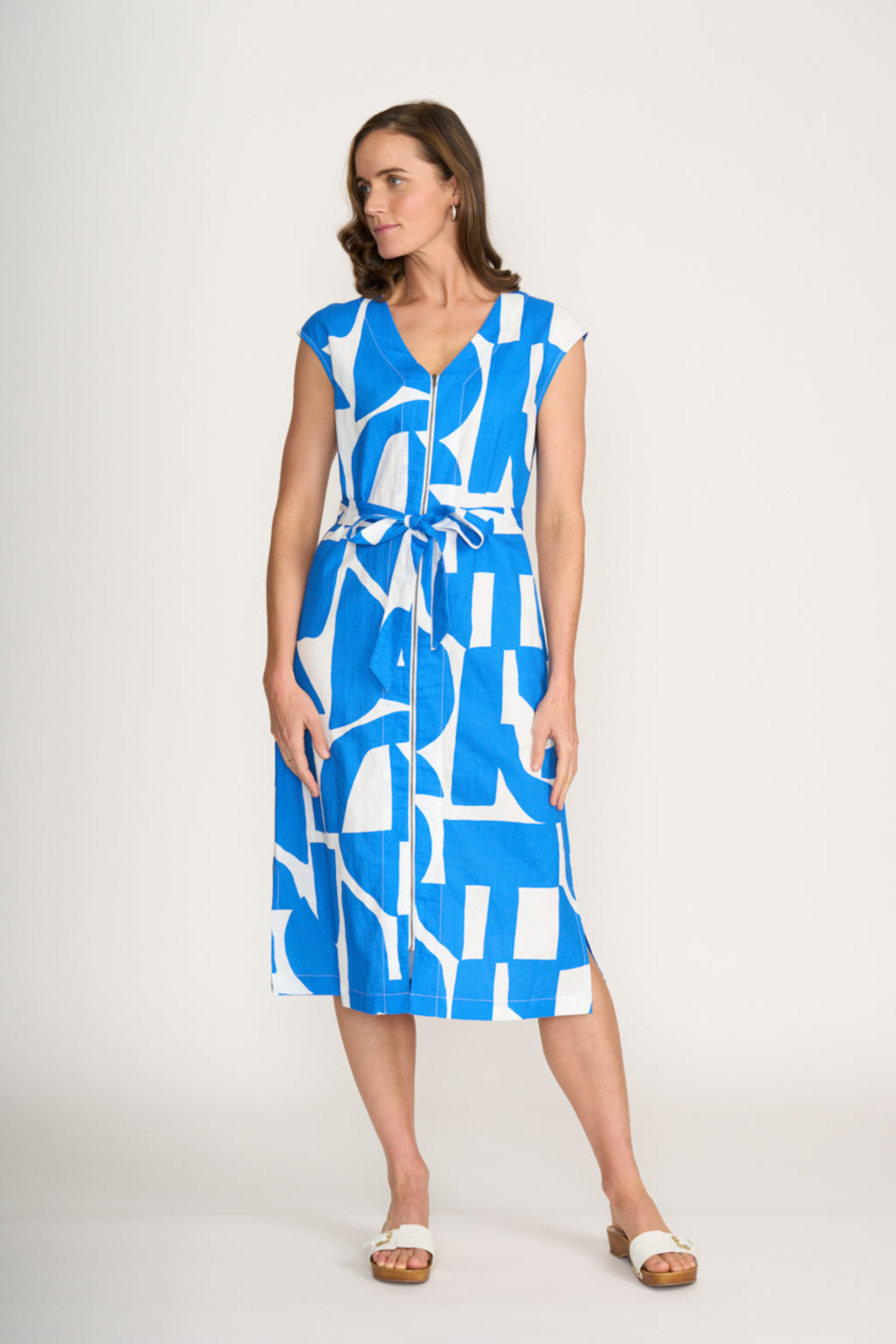 Woman wearing Foil Fo8294 You Little Zipper Dress Reflection by Foil in blue print, shop Foil at Dotique online.