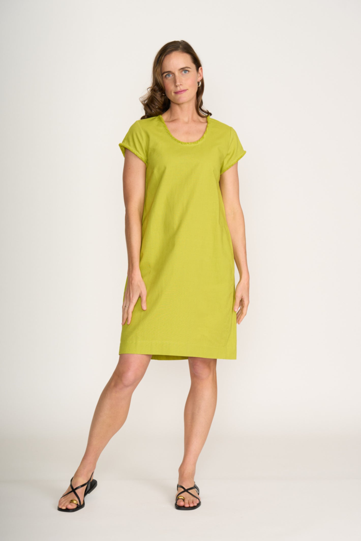 Woman wearing Foil Fo8314 Festival Dress Chartreuse by Foil, shop Foil at Dotique for stylish relaxed shift dresses